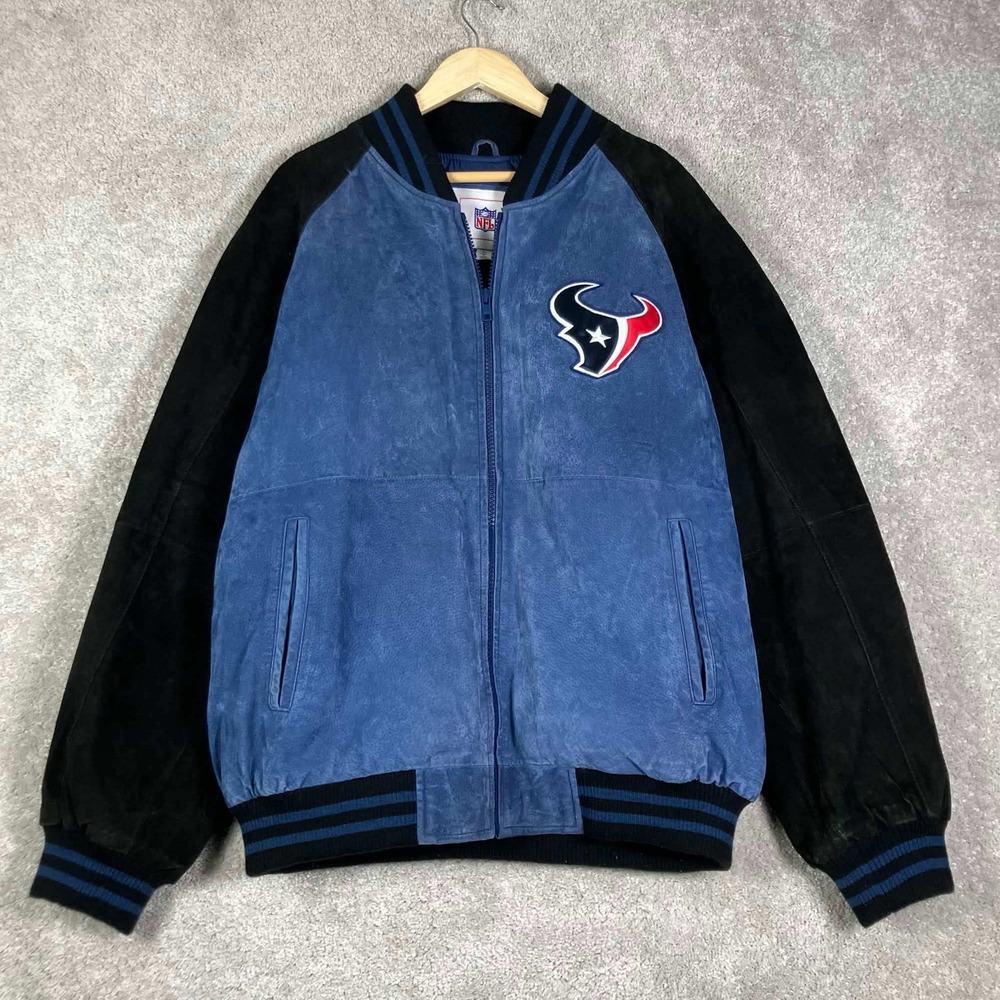 NFL Houston Texas Jacket Men XL Blue Suede Leather Varsity Bomber Zip Raglan